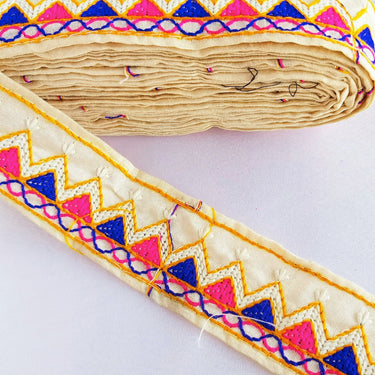 Beige Cotton Fabric Trim With Pink, Blue, Off White & Yellow Embroidery